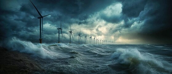 Fototapeta premium Offshore wind turbines generating clean energy ocean gigapixel imagery stormy environment wide-angle viewpoint renewable energy concept