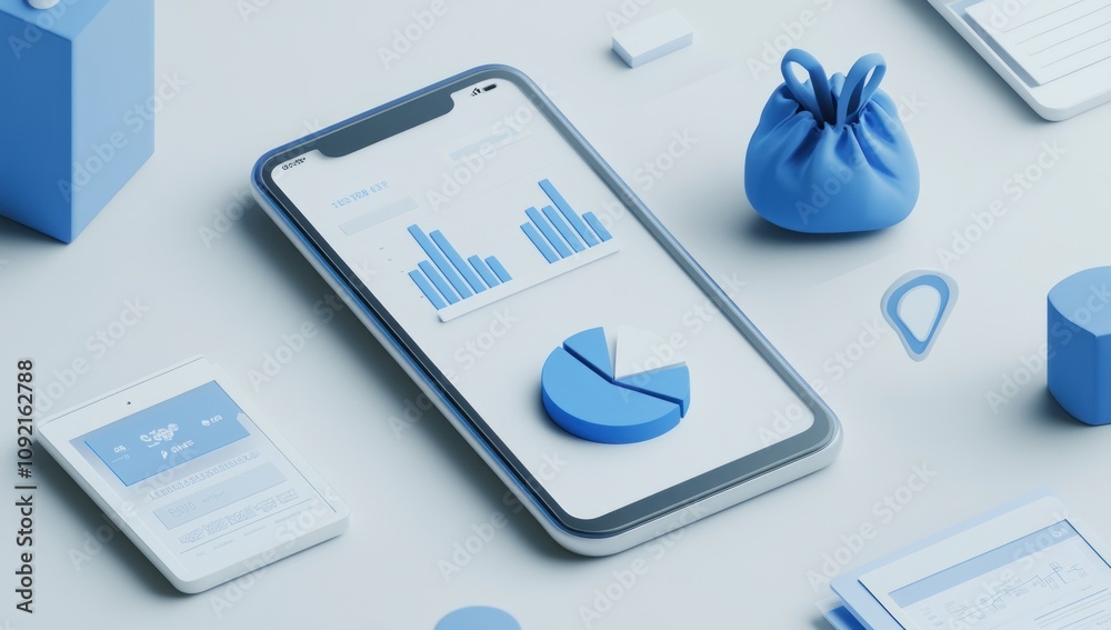Poster A smartphone displaying graphs and charts, surrounded by blue geometric objects.