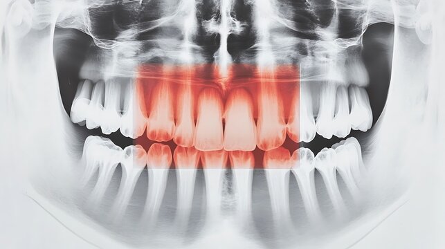 digital dental x ray image showcasing the detailed anatomy and structure of human teeth jaws and surrounding oral tissues  This medical imaging scan can be used for dental healthcare dentistry