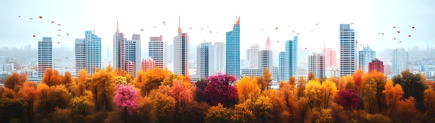 Colorful City Skyline with Autumn Trees