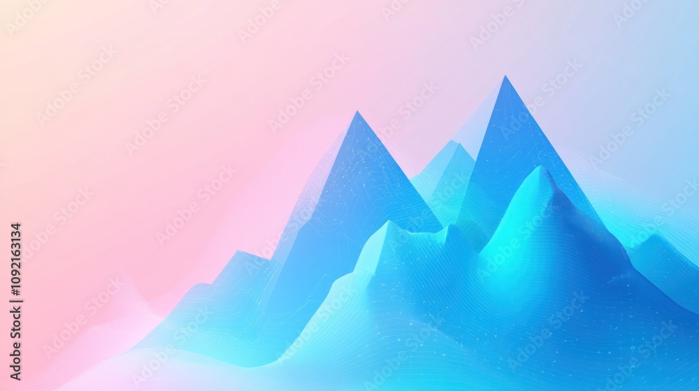 Poster abstract representation of mountains with a gradient background in blue and pink hues.