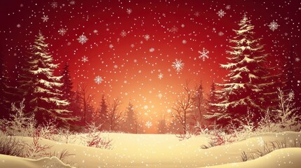 Naklejka premium Red Christmas background with snowflakes and trees