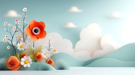 Naklejka premium Beautiful vibrant field of colorful flowers including poppies daisies and other blooming plants set against a serene and dreamy cloudscape with pastel tones and a tranquil landscape