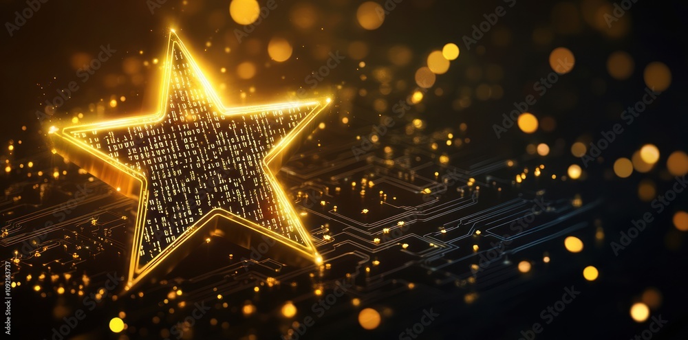 Poster a glowing star made of digital elements, surrounded by shimmering lights and circuitry.