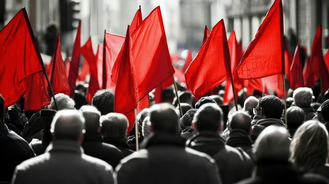 Crowd of Protesters Holding Red Flags at a Demonstration