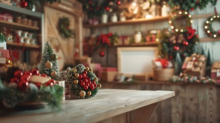 A shop display in Christmas and New Year decorations theme with a blank wooden countertop and white signs for product, promotion, and advertisement. Warm brown, red, and green color tone.