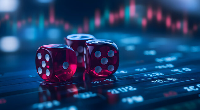 A close-up of red dice on a digital interface, symbolizing chance and risk in finance or gambling.