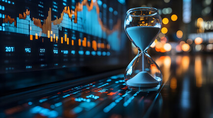 A digital hourglass sits atop a data analysis screen, symbolizing the intersection of time management and analytics in a modern, tech-savvy environment.