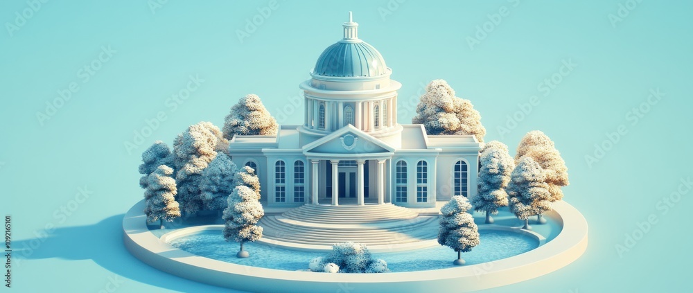 Aufkleber a stylized architectural model of a classical building with a dome and surrounding trees.