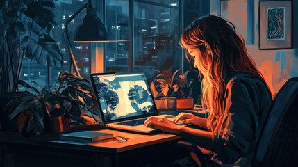 Fototapeta premium A young woman works on her laptop in a dimly lit room with a cityscape view out the window.
