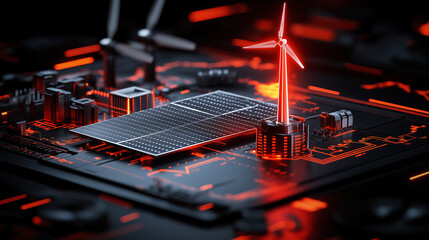 Digital interface showcasing renewable energy technology with solar panels and wind turbines