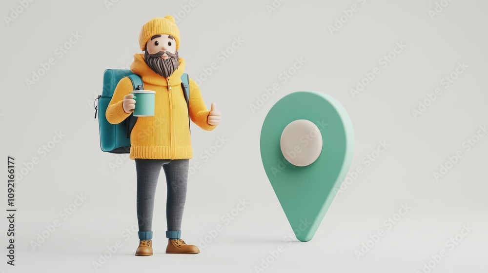 Poster a cartoon character with a backpack and coffee stands next to a location pin.