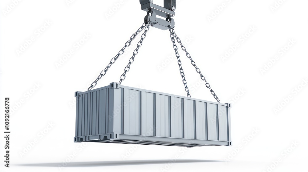 Poster a crane lifting a shipping container with chains, illustrating industrial logistics.