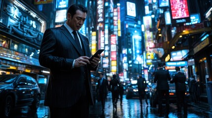 Businessman on phone with cityscape at dusk close up, focus on, copy space, blending communication and modern urban life, Double exposure silhouette with business networking