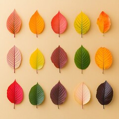 Fototapeta premium 2409_037.An assortment of whole, uncropped colorful autumn leaves on warm ochre background, view from above, showcasing diverse varieties, arranged with space around each colorful autumn leaves,