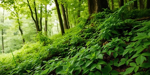 Obraz premium lush green foliage on a forest floor, underbrush, trees