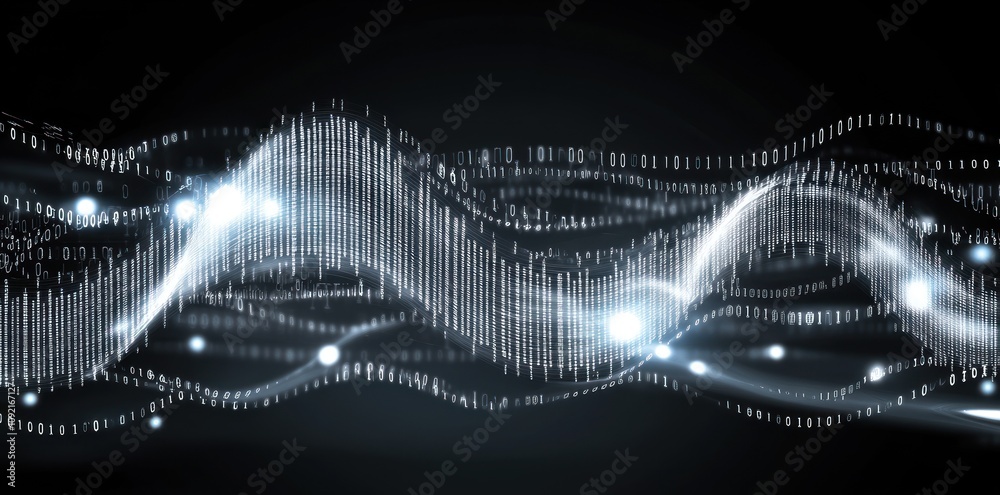 Poster Abstract representation of sound waves with light effects on a dark background.