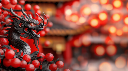 majestic dragon sculpture surrounded by red lanterns, symbolizing celebration