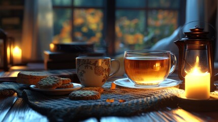 Fototapeta premium A cozy evening with a cup of tea, cookies, and a candle in a warm, inviting atmosphere.