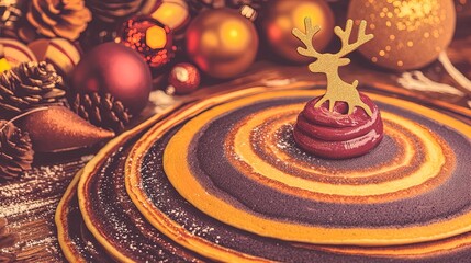 Fototapeta premium Cozy Holiday Pancakes Poster: Delightful Reindeer-Topped Treat Surrounded by Festive Decor - Perfect for a Warm, Inviting Sports Interior!