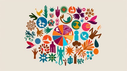 Naklejka premium A collection of diverse cultural symbols arranged in a circle,Creative composition representing unity in DIVERSITYEach symbol reflecting a different aspect of culture and identity