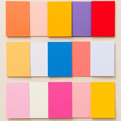 Fototapeta premium 2409_125.An assortment of whole, uncropped colorful scrapbooking papers on vintage cream background, view from above, showcasing diverse varieties, arranged with space around each colorful