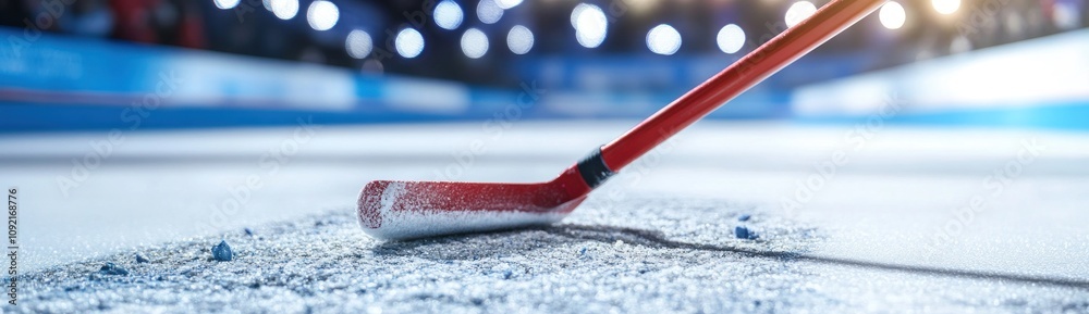 Poster close-up of a curling stone on ice, emphasizing the sport's precision and technique.