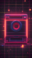 Fototapeta premium Retro Neon Camera in Artistic Photography with Vibrant Colors and 1980s Aesthetic