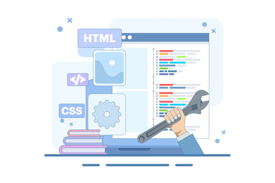 Web development concept. Programming languages. CSS, HTML, IT, UI. programmer developing website, coding. Banner. Flat vector illustration on white background.