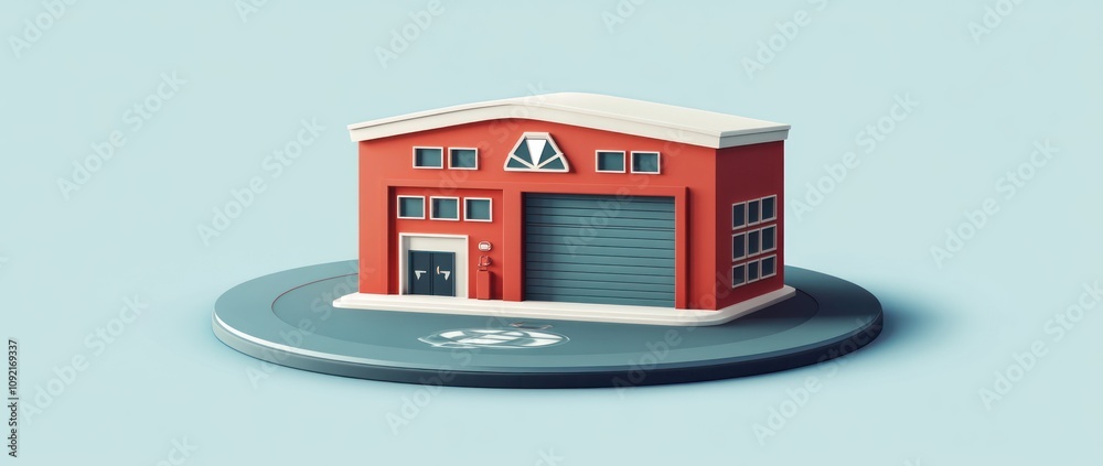 Poster a stylized red industrial building with a large garage door on a circular base.