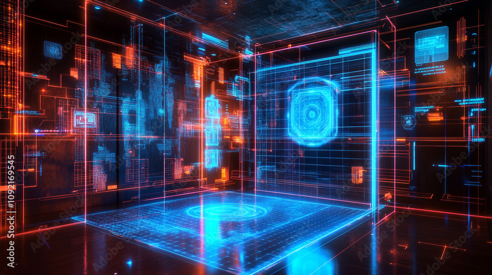 Poster a 3d picture shows a digital hologram using blockchain technology.