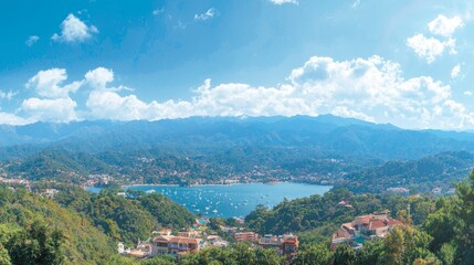 Fototapeta premium Scenic panoramic view of a coastal town surrounded by mountains.