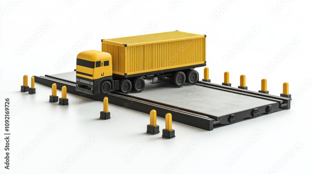 Poster A yellow truck with a container parked on a loading platform surrounded by safety bollards.