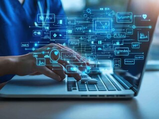 Nurse preparing medication with hospital pharmacy overlay close up