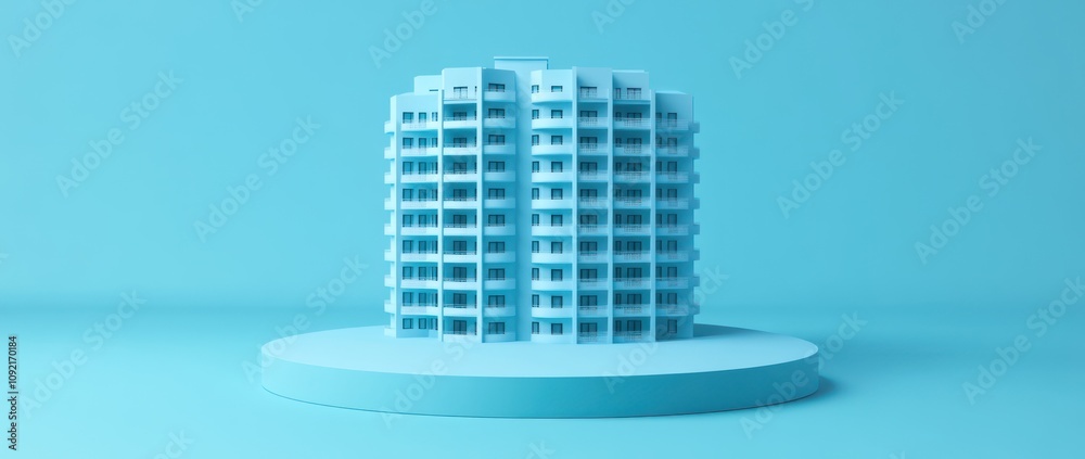 Aufkleber a minimalist 3d model of a building on a circular base against a blue background.