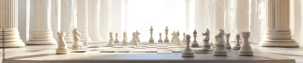 Poster a serene chessboard scene set among ancient columns, symbolizing strategy and contemplation.