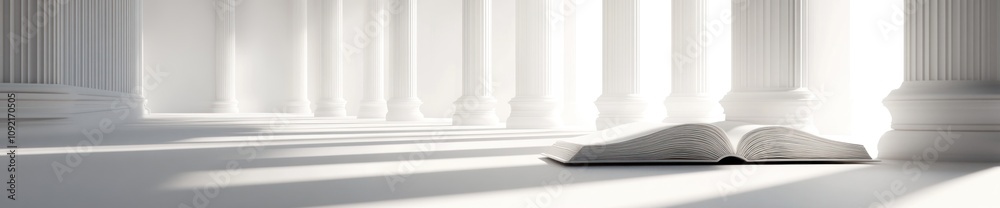 Aufkleber A serene scene featuring an open book on a smooth surface with columns in the background.