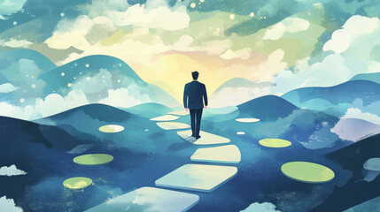 A businessman goes against the flow, choosing a different path than other entrepreneurs.  He changes direction to find a new business opportunity.