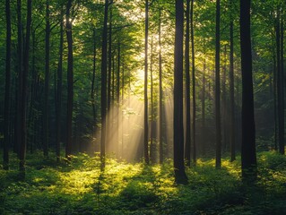 Obraz premium Discovering tranquility sunlight filtering through trees in a serene forest scene