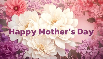 Text "Happy Mother’s Day" the background is dominated by warm pastel tones and pink and purple floral patterns.