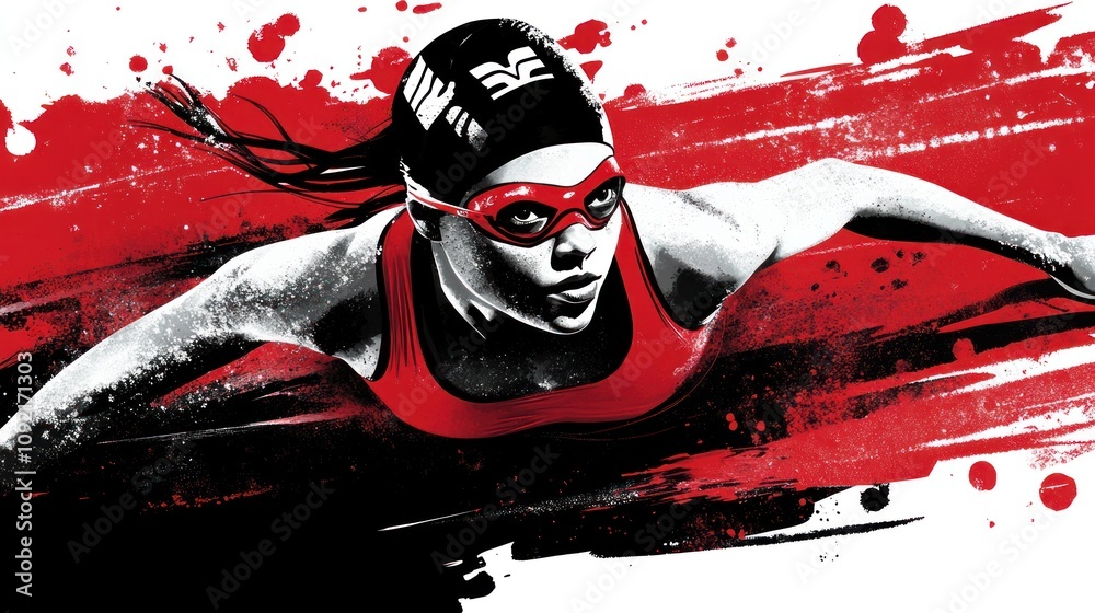 Poster a dynamic swimmer in motion, showcasing strength and determination against a bold backdrop.