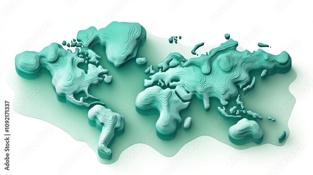 Poster a 3d topographic map of the world in a teal color scheme.