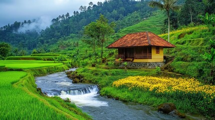 Fototapeta premium Serene Cottage by the River: A picturesque traditional cottage nestled beside a gently flowing river, surrounded by vibrant green rice paddies and lush hillside, creating a tranquil and idyllic scene.