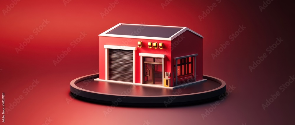 Poster a stylized red building with a garage door and windows, set on a circular platform.