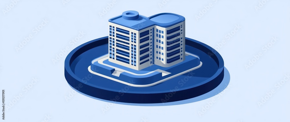 Poster A stylized 3D rendering of a modern building on a circular base.