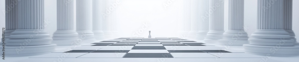 Poster A serene, minimalist space with columns and a chessboard pattern leading to a distant figure.