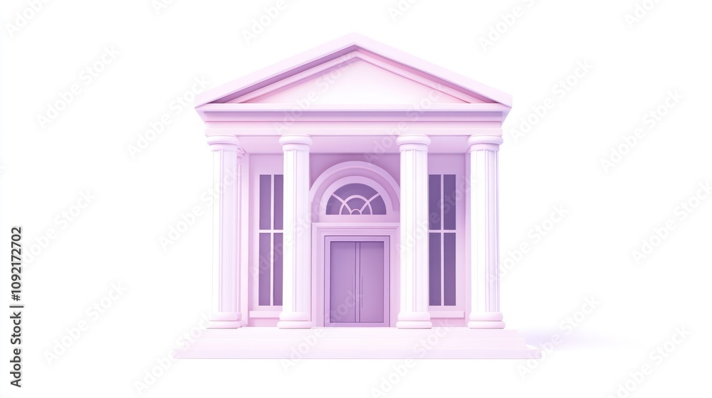 Poster A stylized pink building with columns, resembling a classical structure.