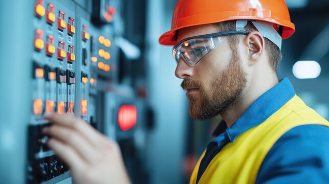 A focused bearded industrial worker wearing a hardhat and safety goggles is closely examining an electrical control panel in a workshop setting