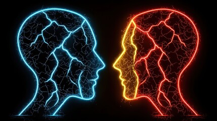 Obraz premium Opposite Minds Blue Red Glowing Head Profiles Energy Concept