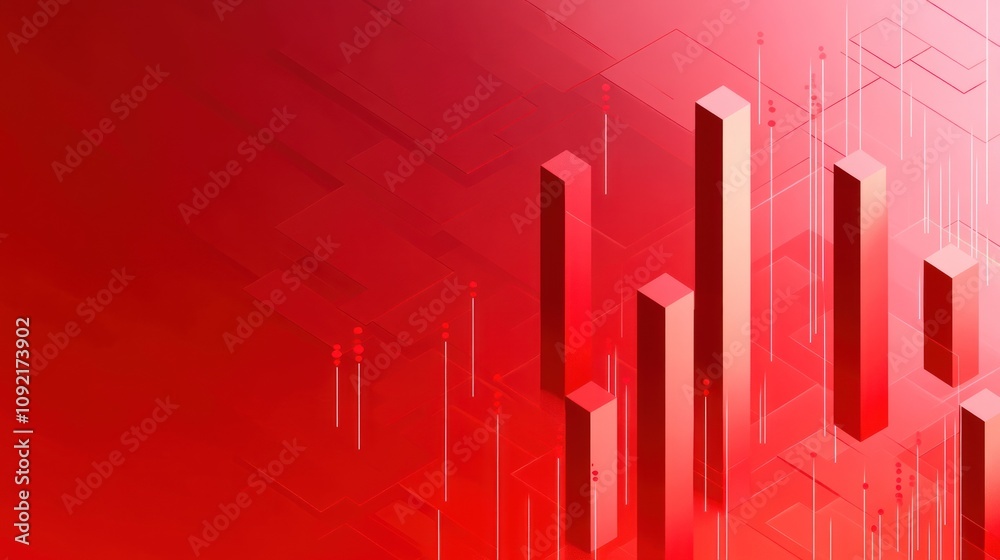 Poster abstract red graphic featuring vertical bars and geometric shapes, ideal for tech presentations.
